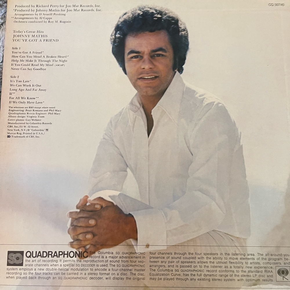 Mint- Johnny Mathis You’ve Got A Friend Columbia Quadraphonic Stereo LP - Picture 3 of 7